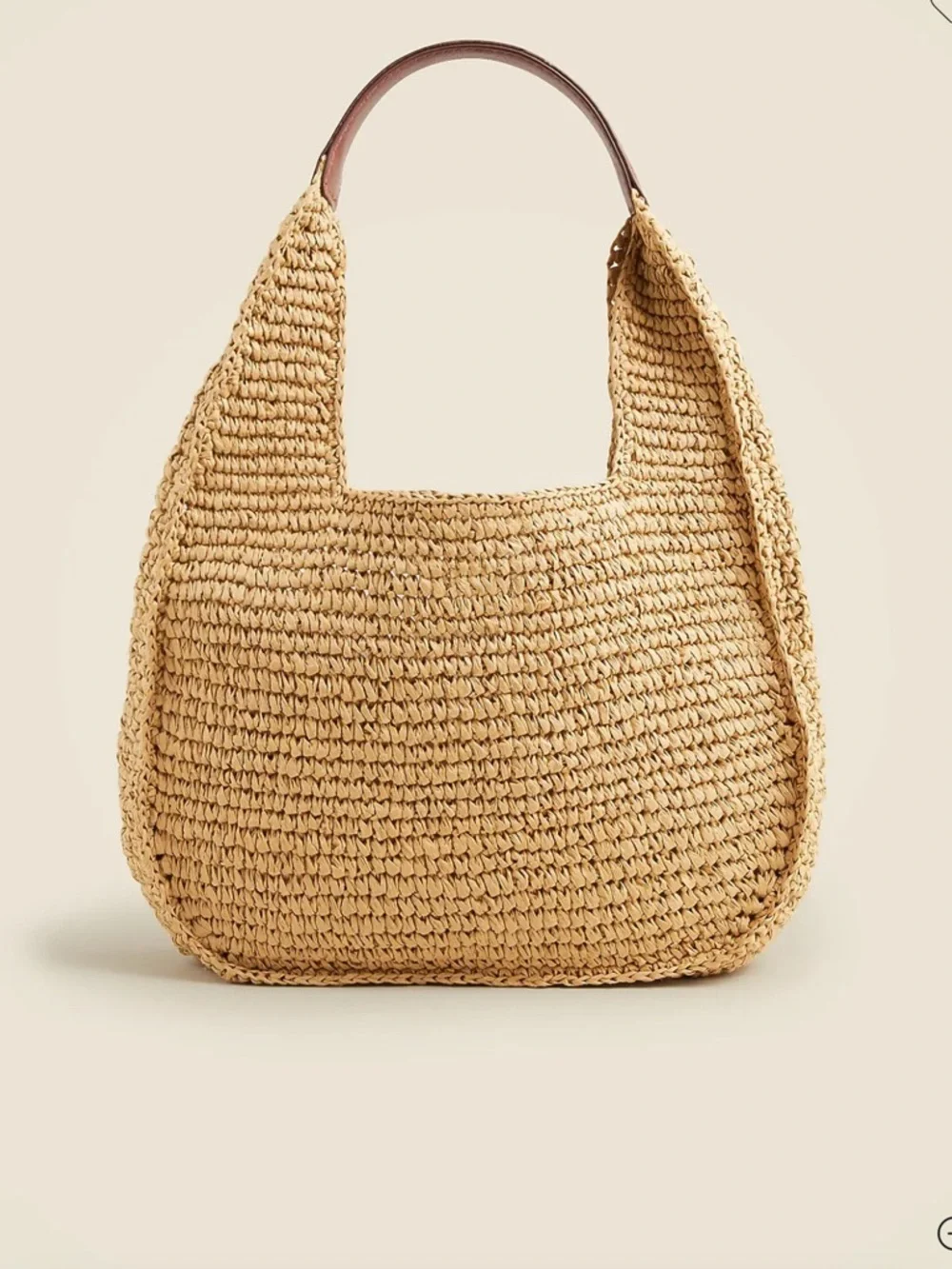 J. Crew NWT Hand-knotted Natural Straw Shoulder Bag w/ leather Brown Handle - Picture 1 of 5